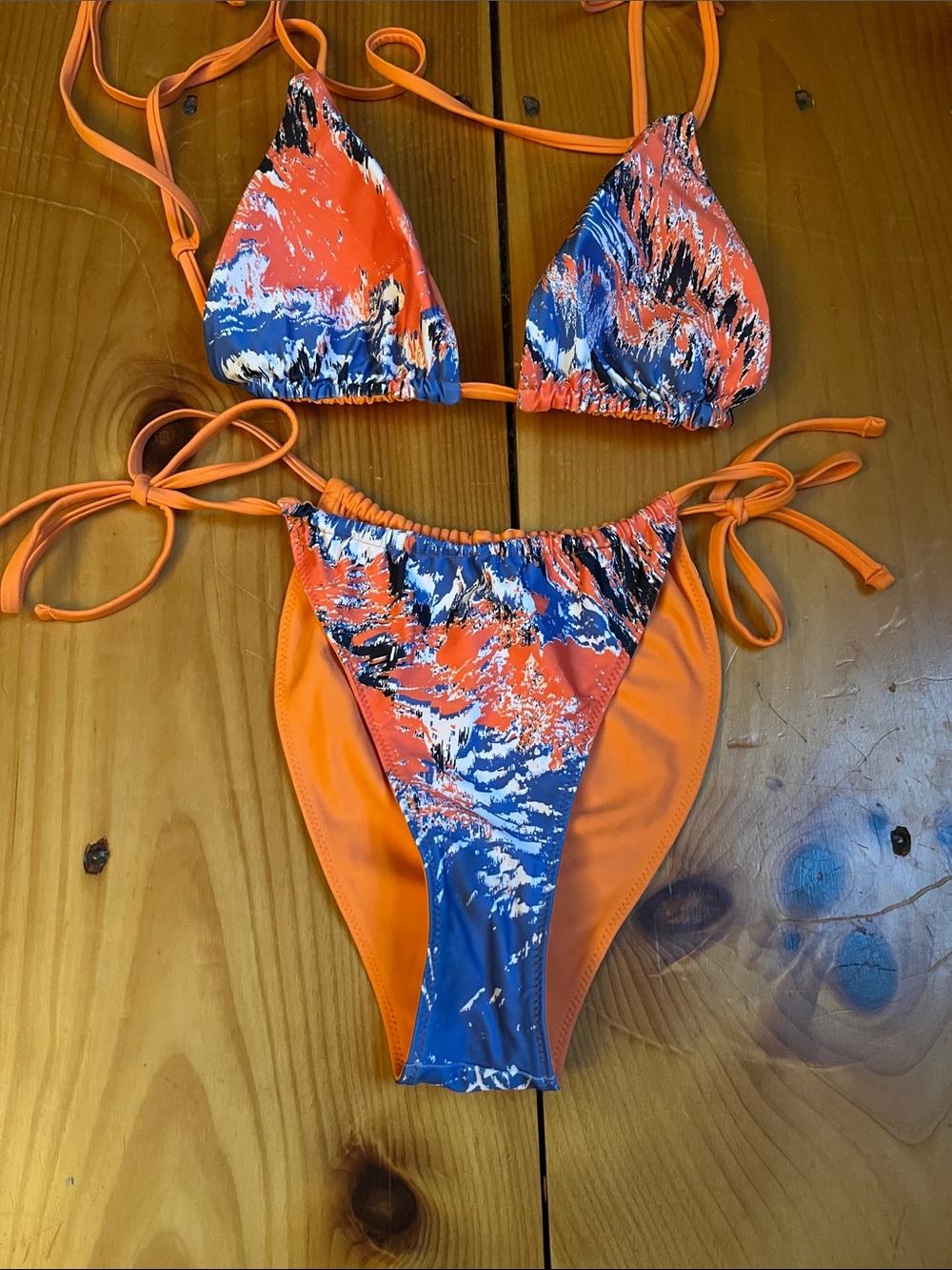 GYMSHARK S Triangle Reversible Bikini Set String Bikini Orange/Blue Splash